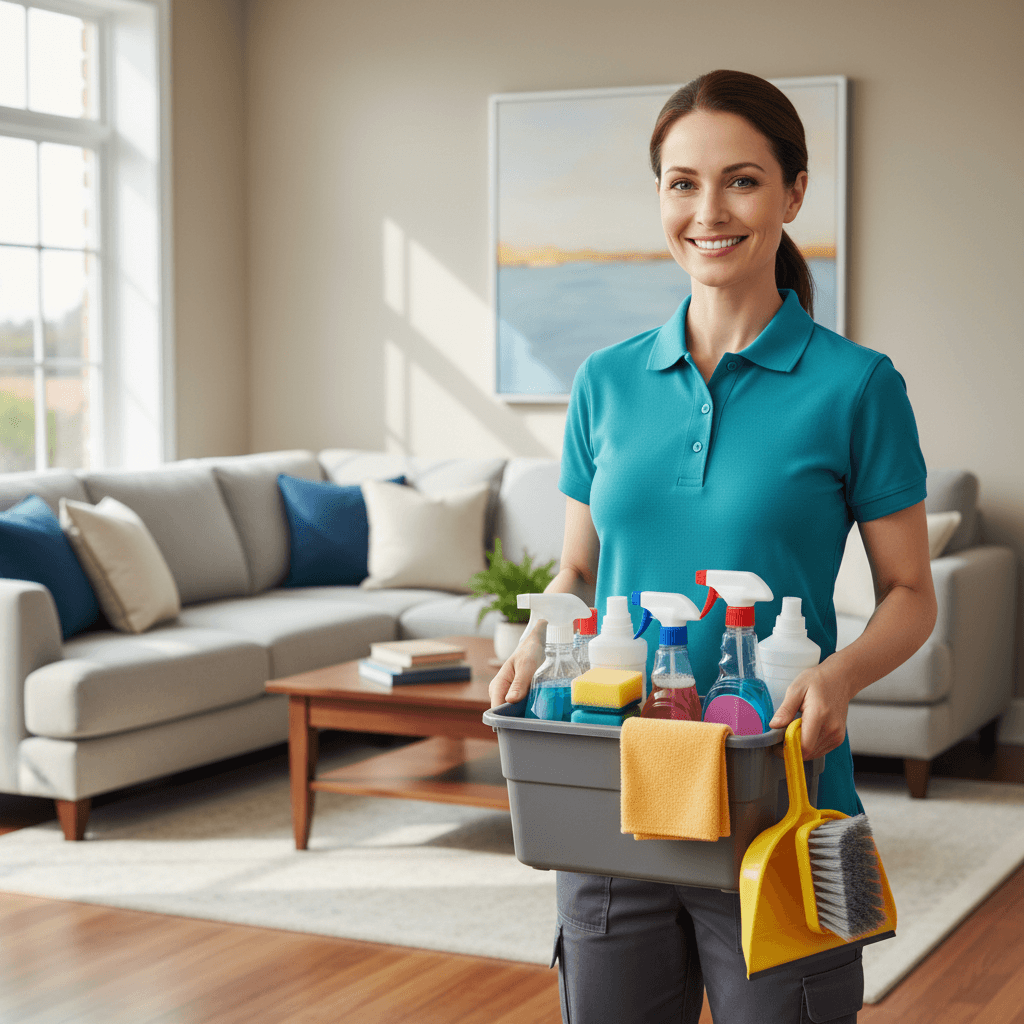 Friendly female cleaner smiling in living room