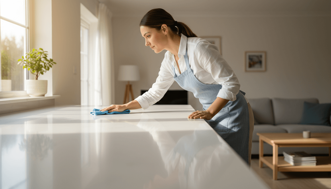 Professional cleaner carefully inspecting cleaned surface for quality assurance