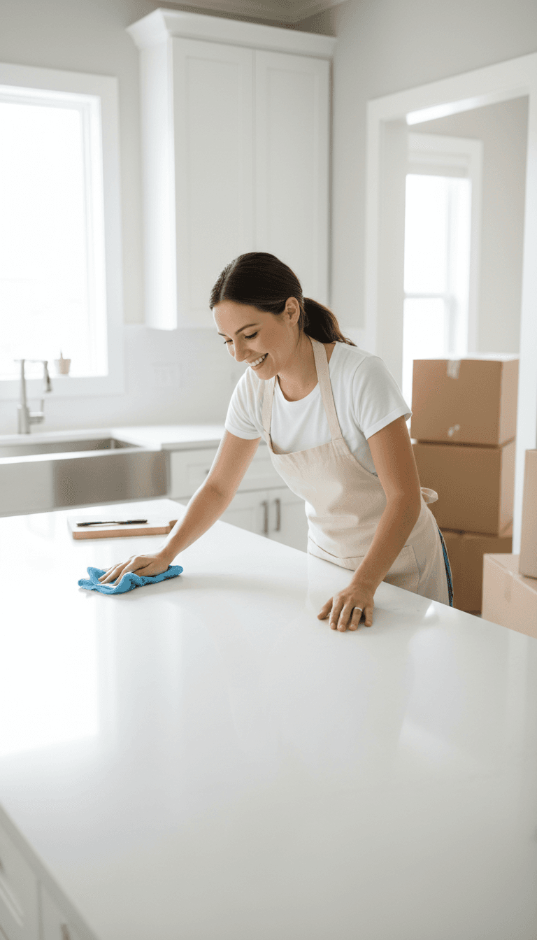 Professional cleaner wiping a kitchen counter during a move-out cleaning