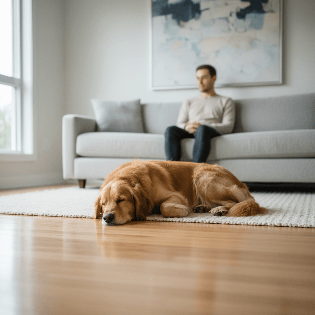 Dog resting on clean hardwood floor