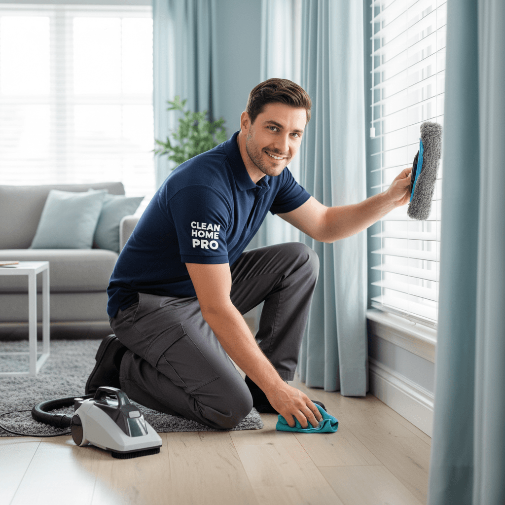cleaner dusting blinds and baseboards during deep clean