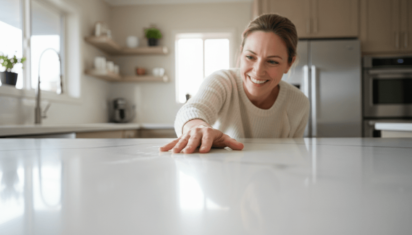 Homeowner inspecting clean kitchen countertop with satisfaction