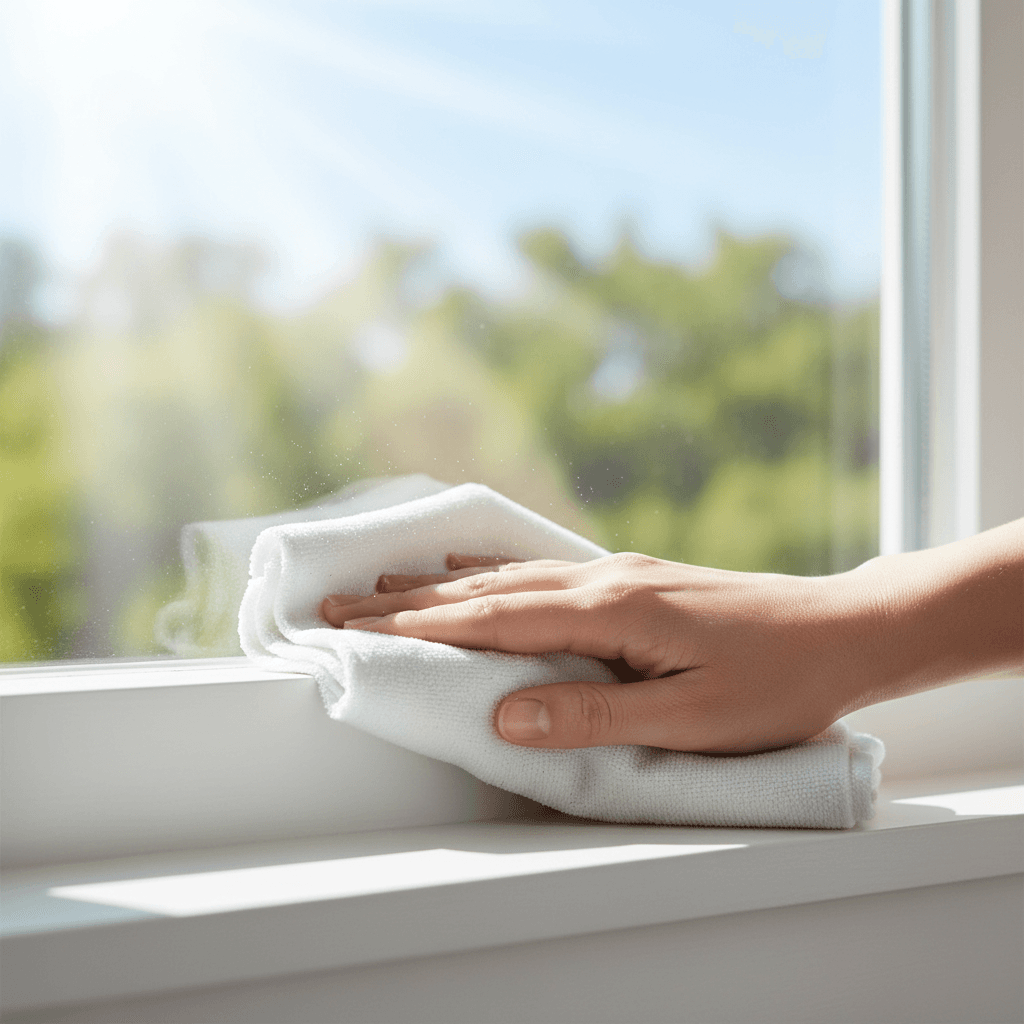 Hand wiping a clean windowsill