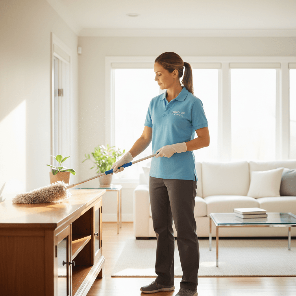 Professional cleaner dusting in a bright living room