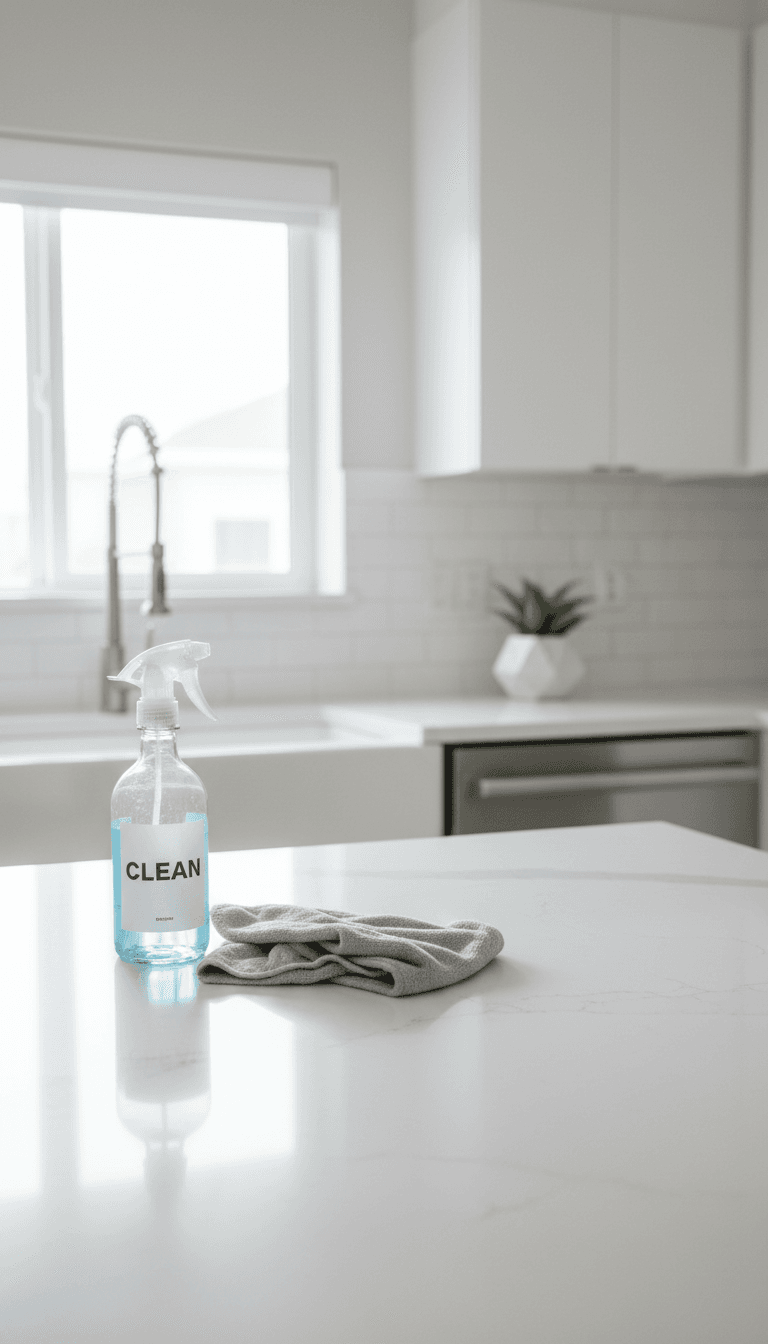 Clean modern kitchen counter with cleaning supplies