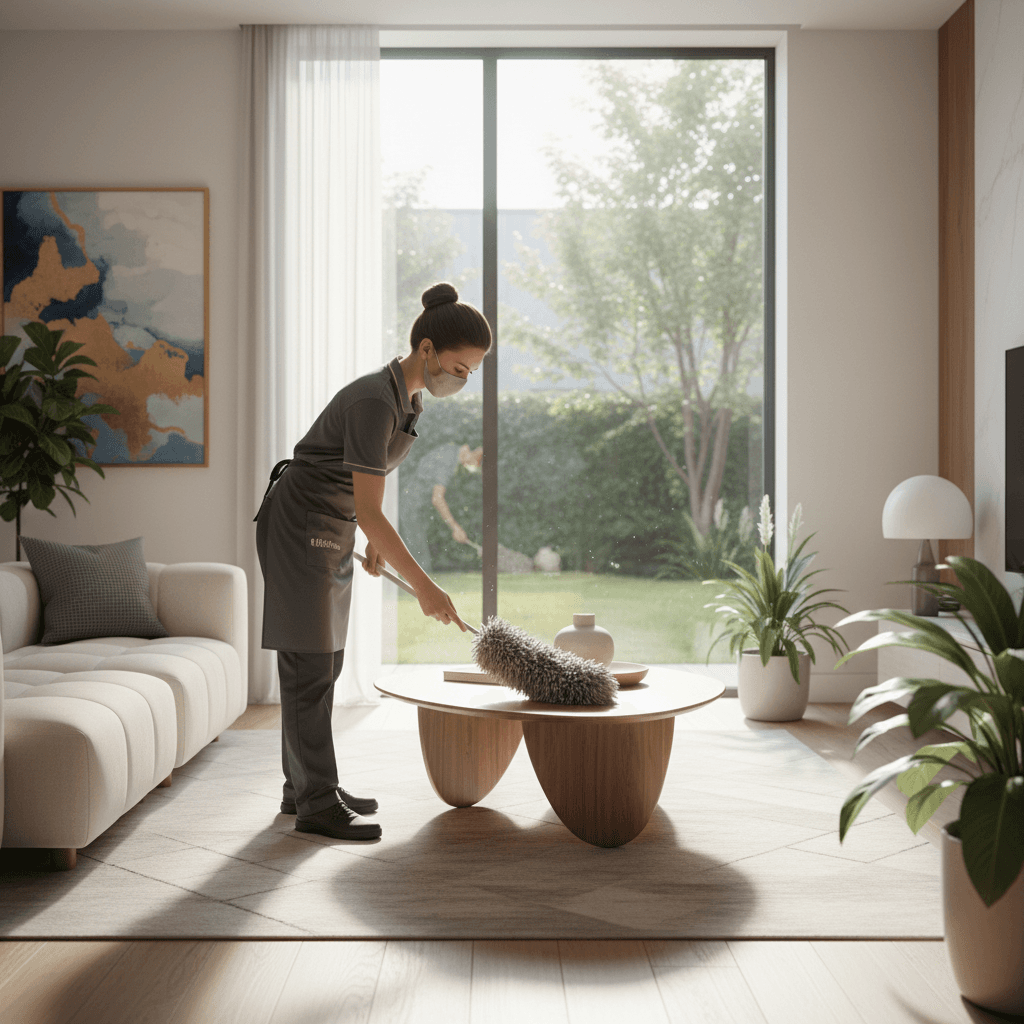 Professional cleaner dusting living room furniture