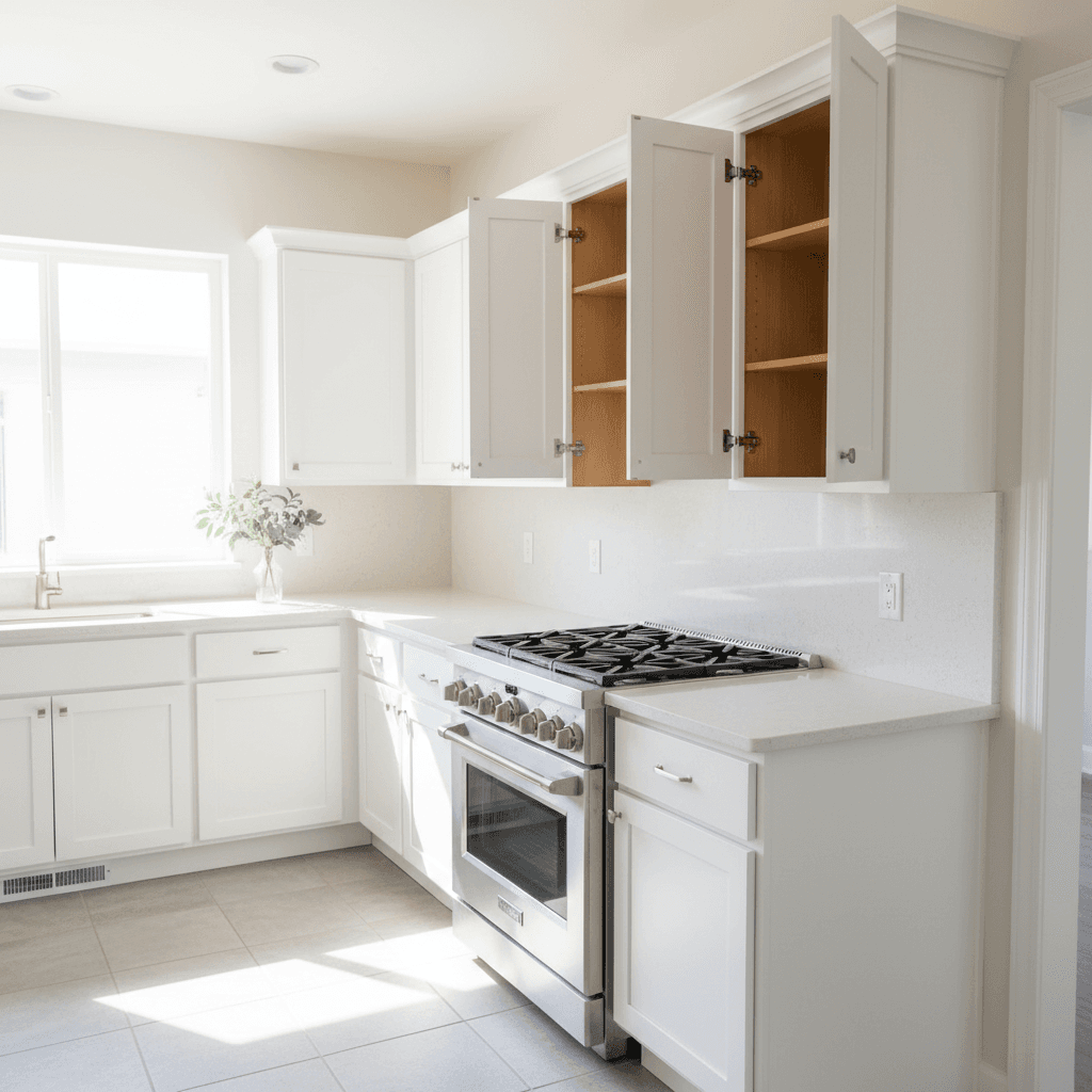 Clean empty kitchen with scrubbed stove and open cabinets
