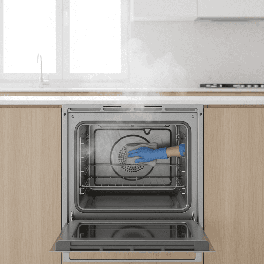 Open oven with interior being wiped clean during move-out cleaning