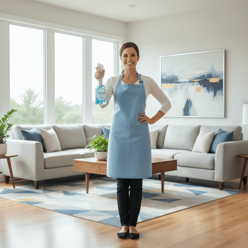Professional house cleaner in a bright modern living room
