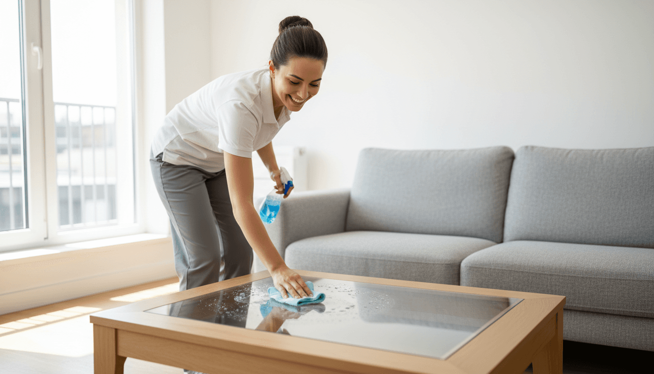 Professional cleaner finishing a move-out cleaning in a bright empty living room