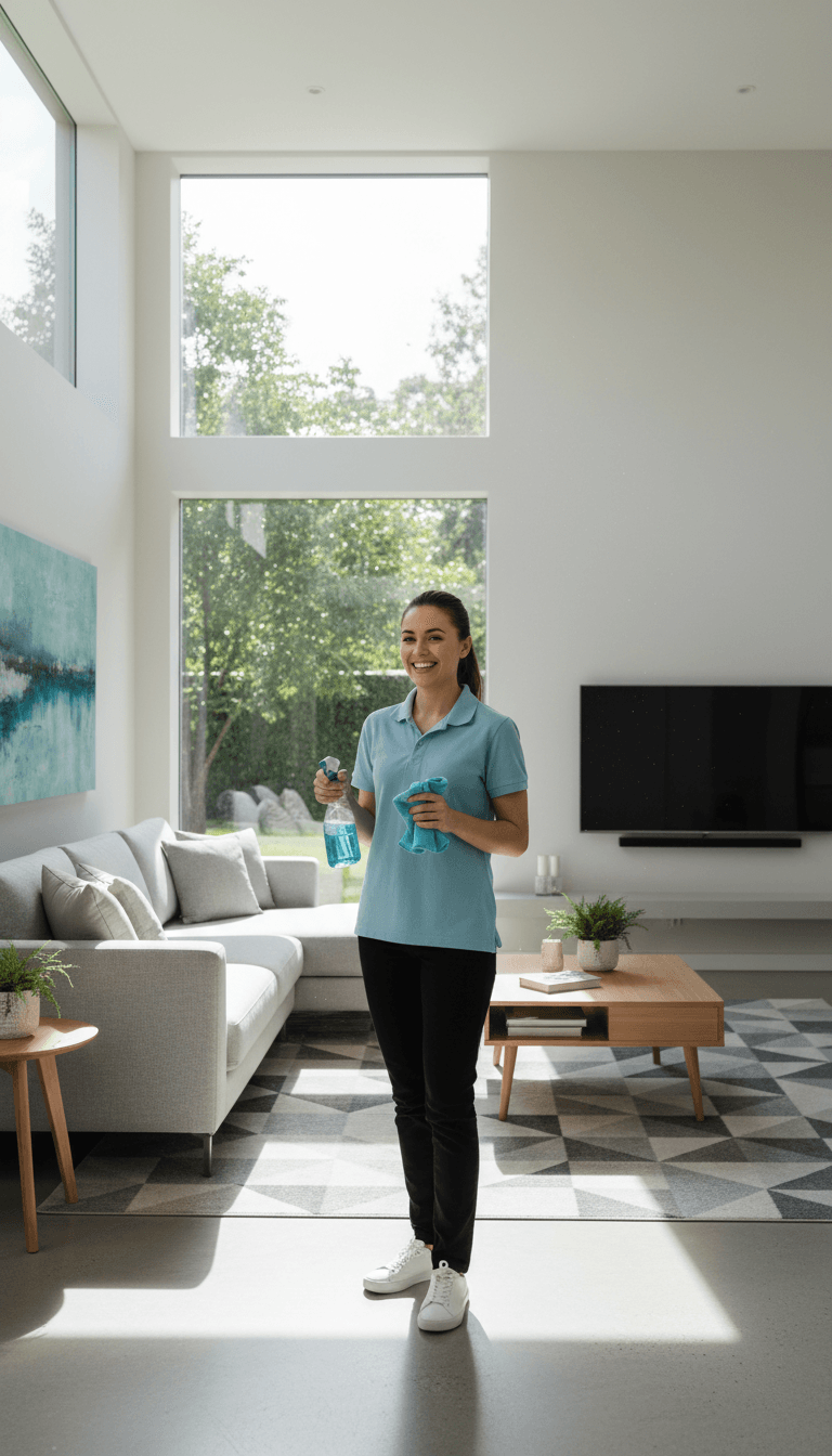 Smiling female cleaner with cleaning supplies in modern living room