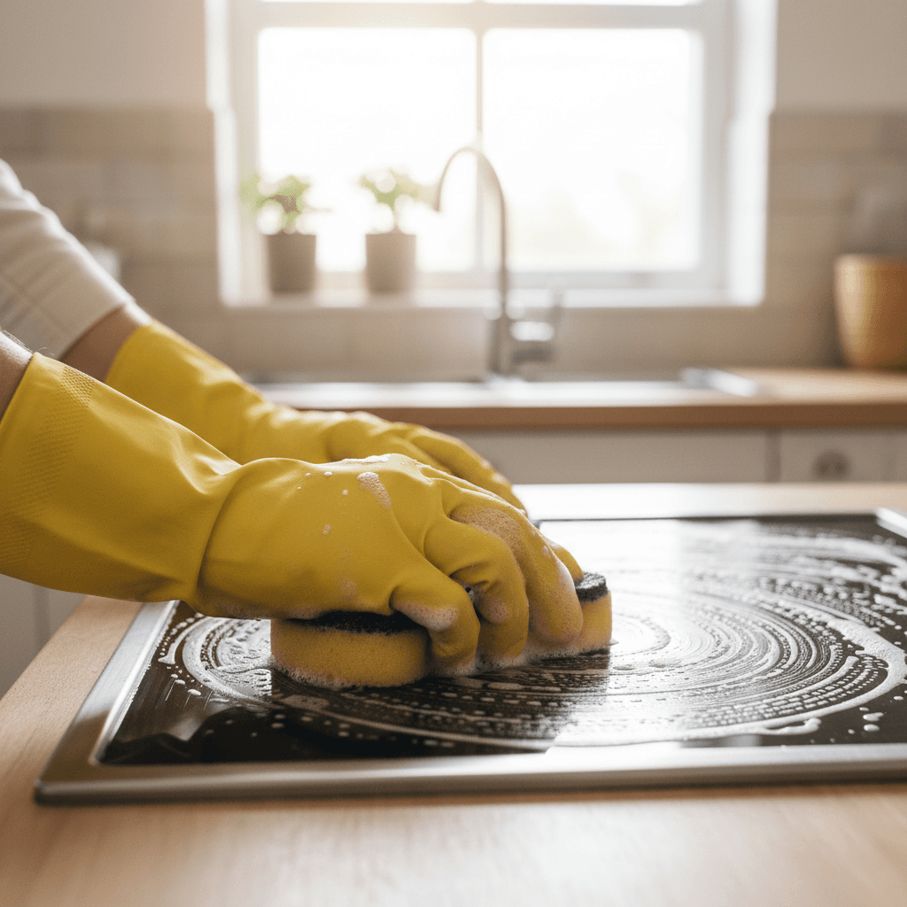 Gloved hands scrubbing a stainless steel stove top during a deep clean