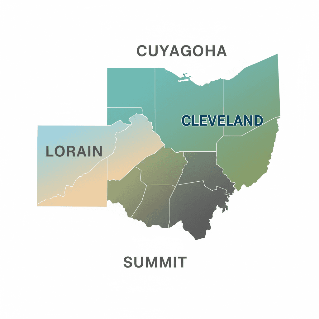 Map illustration of Cuyahoga, Lorain, and Summit counties in Ohio