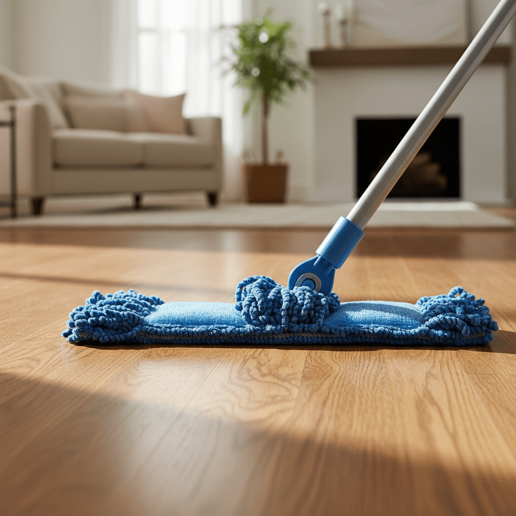 Microfiber mop cleaning a hardwood floor up close