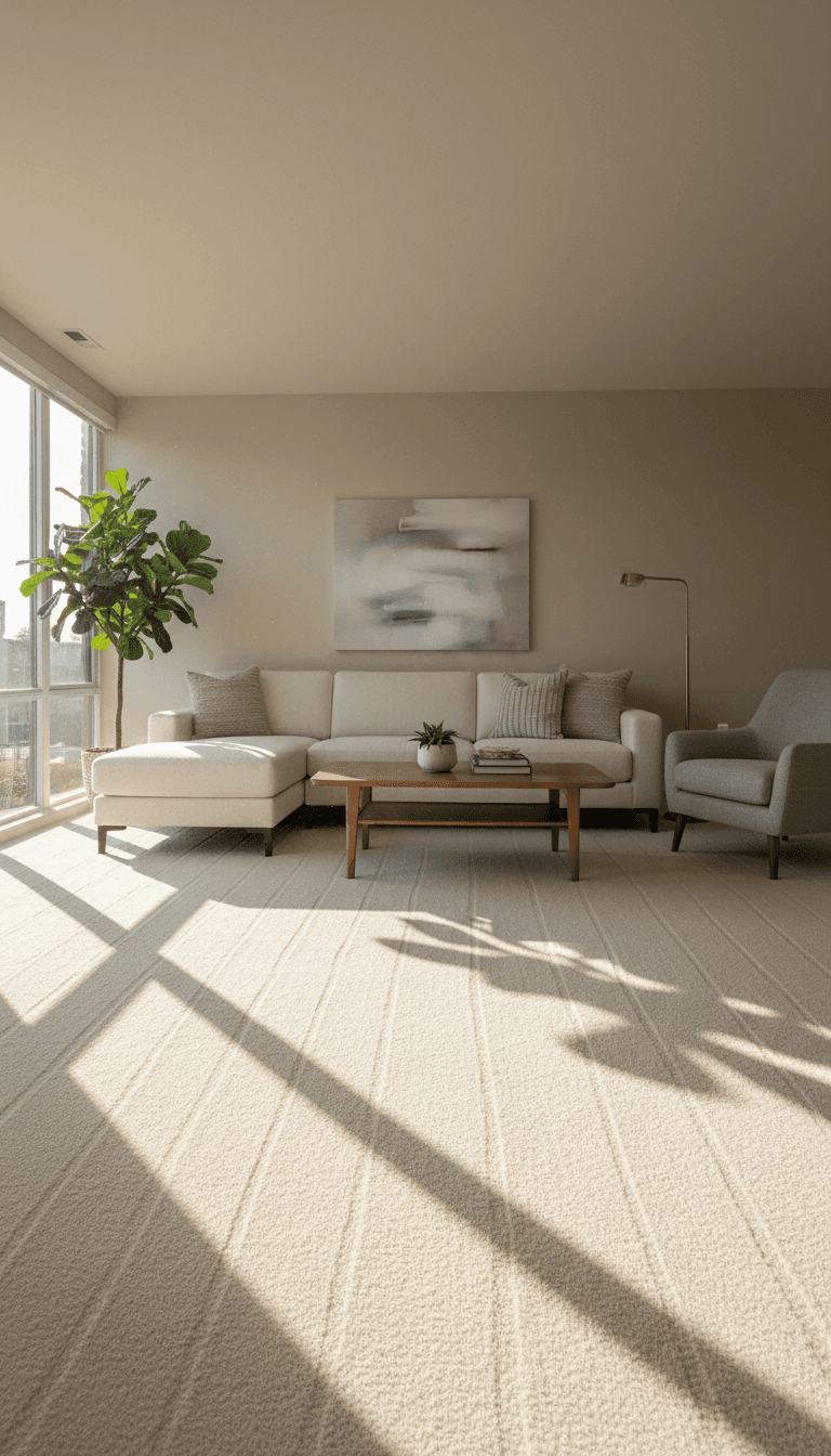 Clean living room with vacuum marks on carpet and sunlight through window