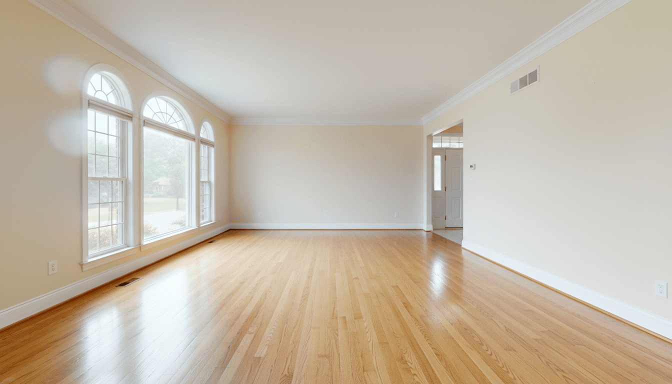 Sunlit empty living room with spotless hardwood floors after move-out cleaning