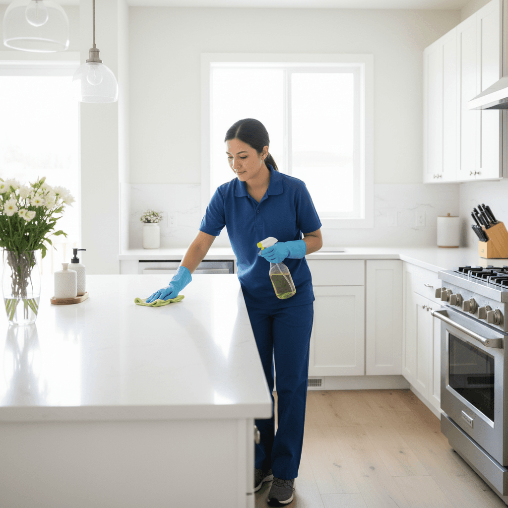 Professional cleaner wiping kitchen counter