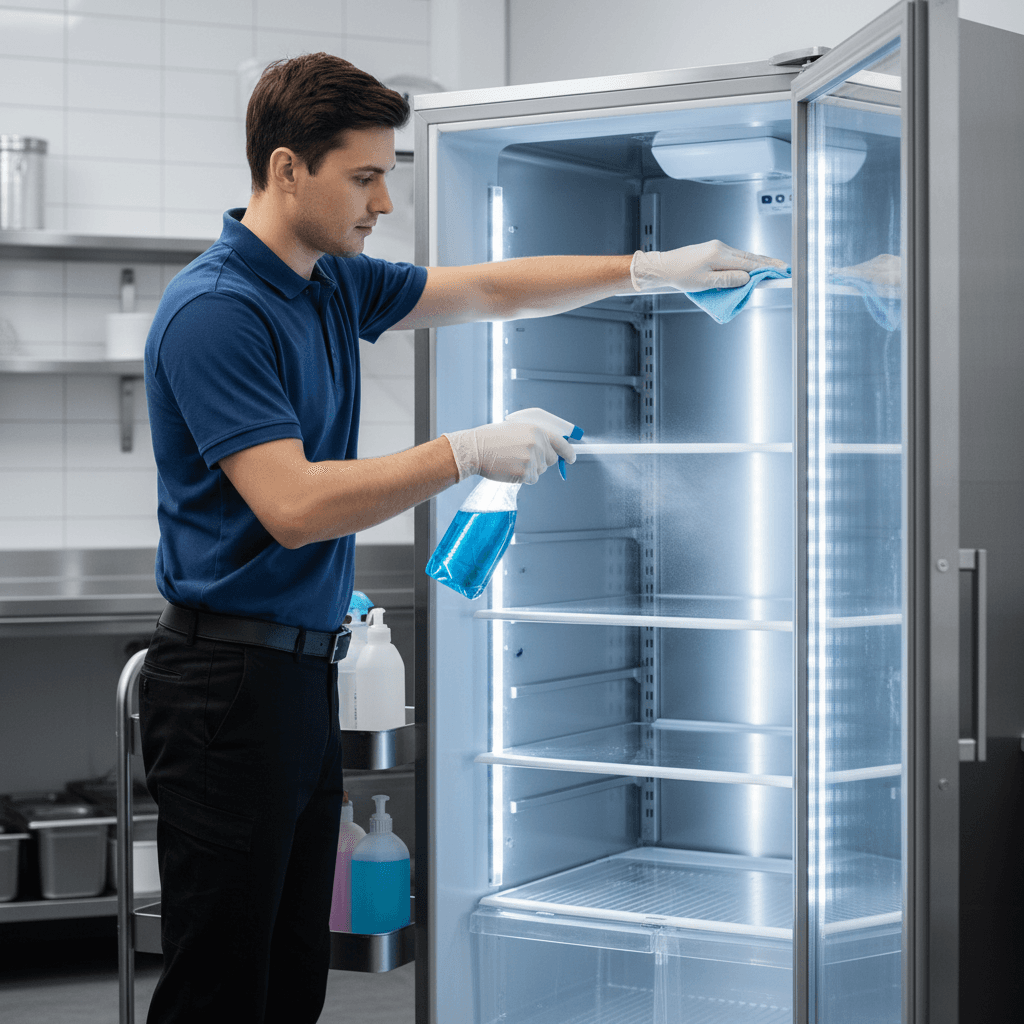 Cleaner wiping down refrigerator shelves