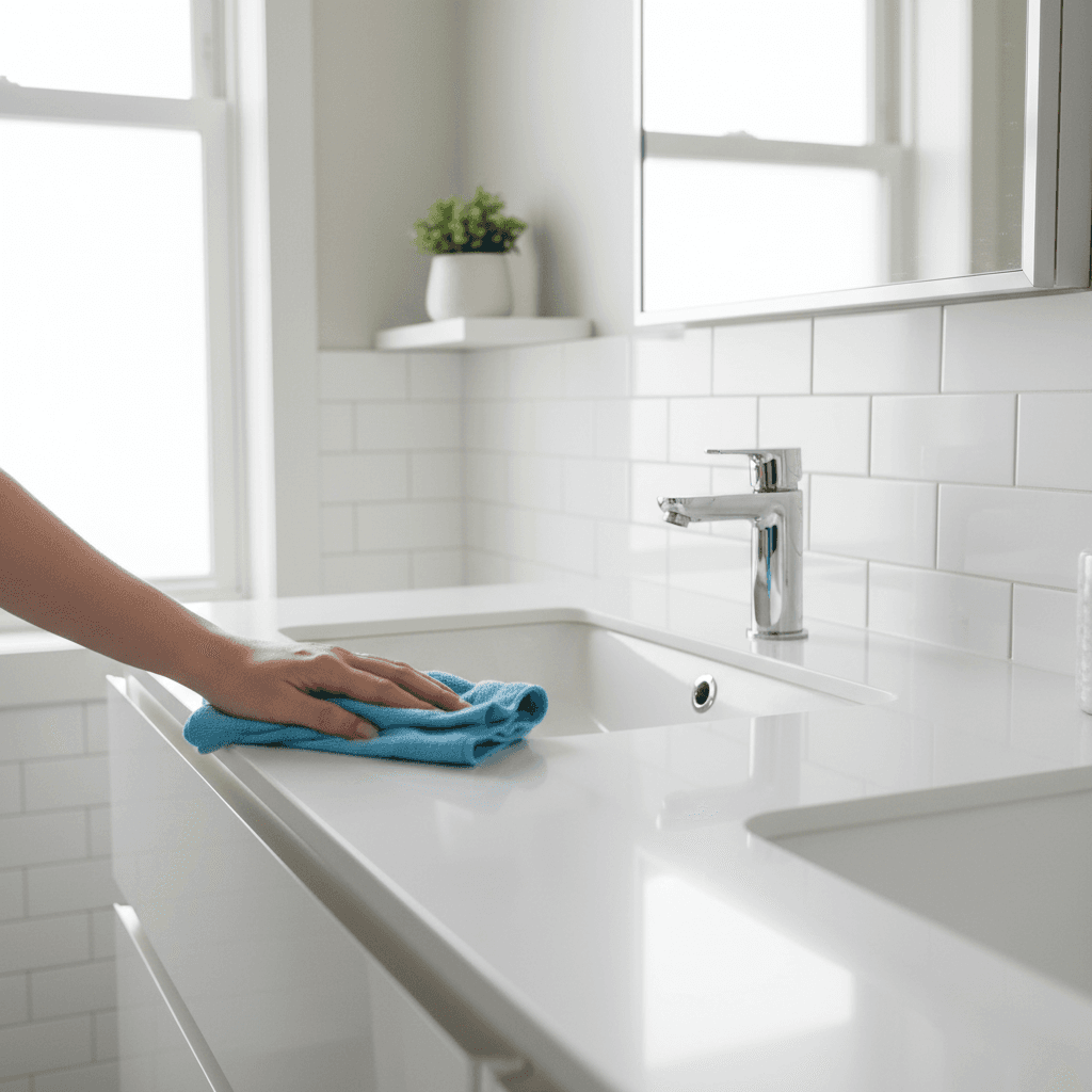 Person polishing a bathroom vanity and sink area