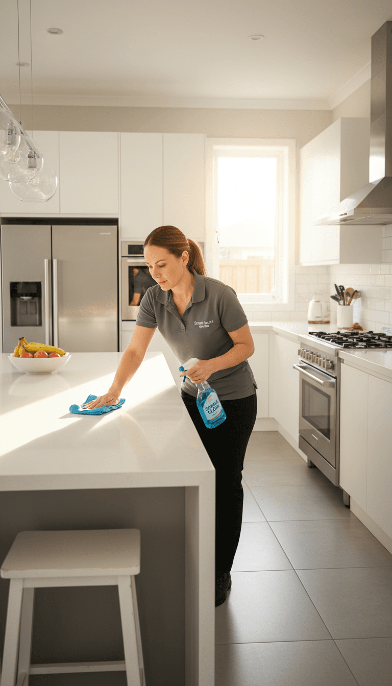 Professional cleaner wiping kitchen counters in modern bright residential kitchen