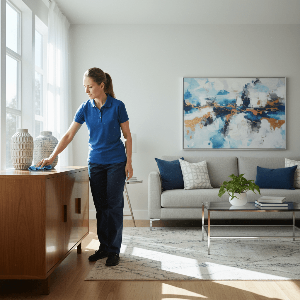 Professional cleaner dusting a living room