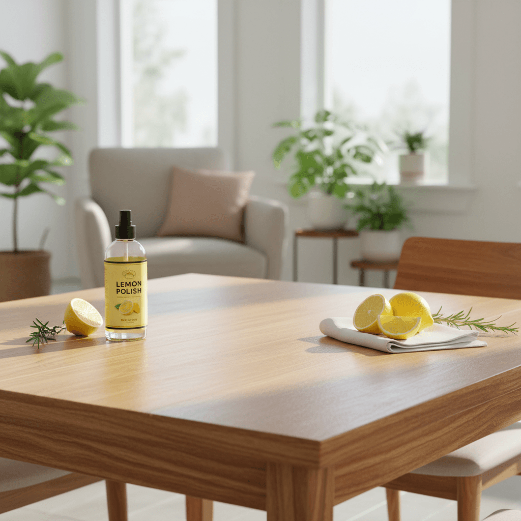 Clean wooden dining table with lemon polish shine
