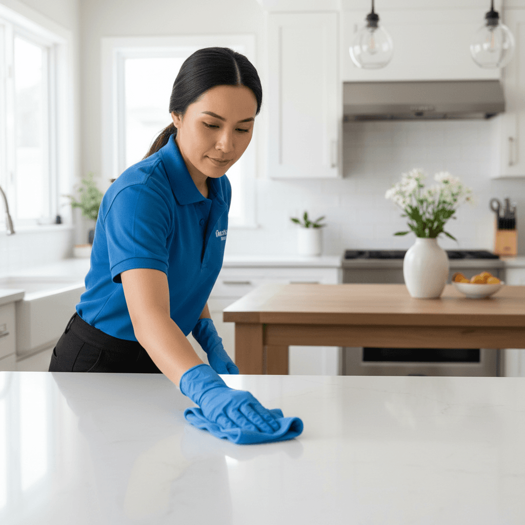 Cleaner wiping a countertop in a bright Avon Lake home