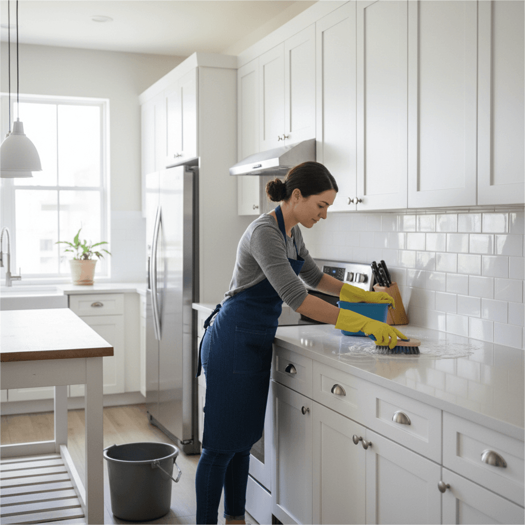 Cleaner scrubbing kitchen counter and backsplash