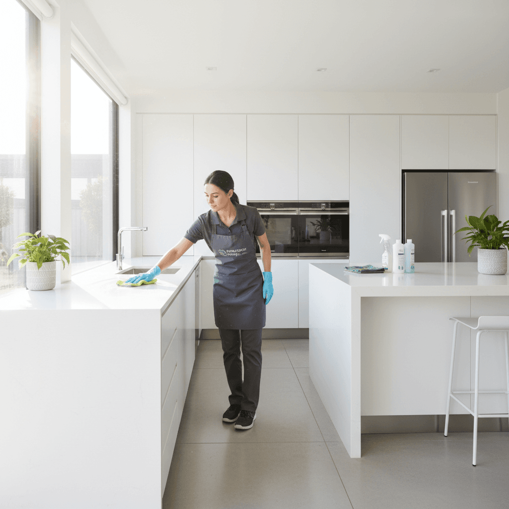Professional house cleaner cleaning kitchen counter
