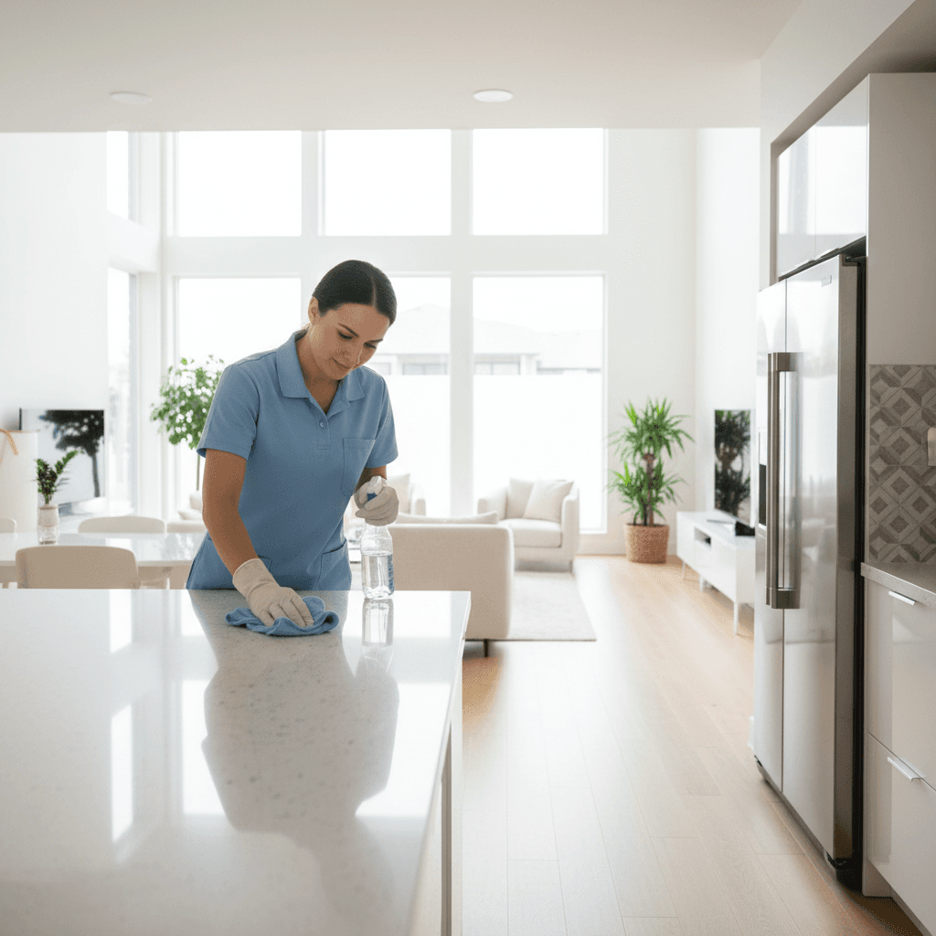 Clean kitchen counter being wiped