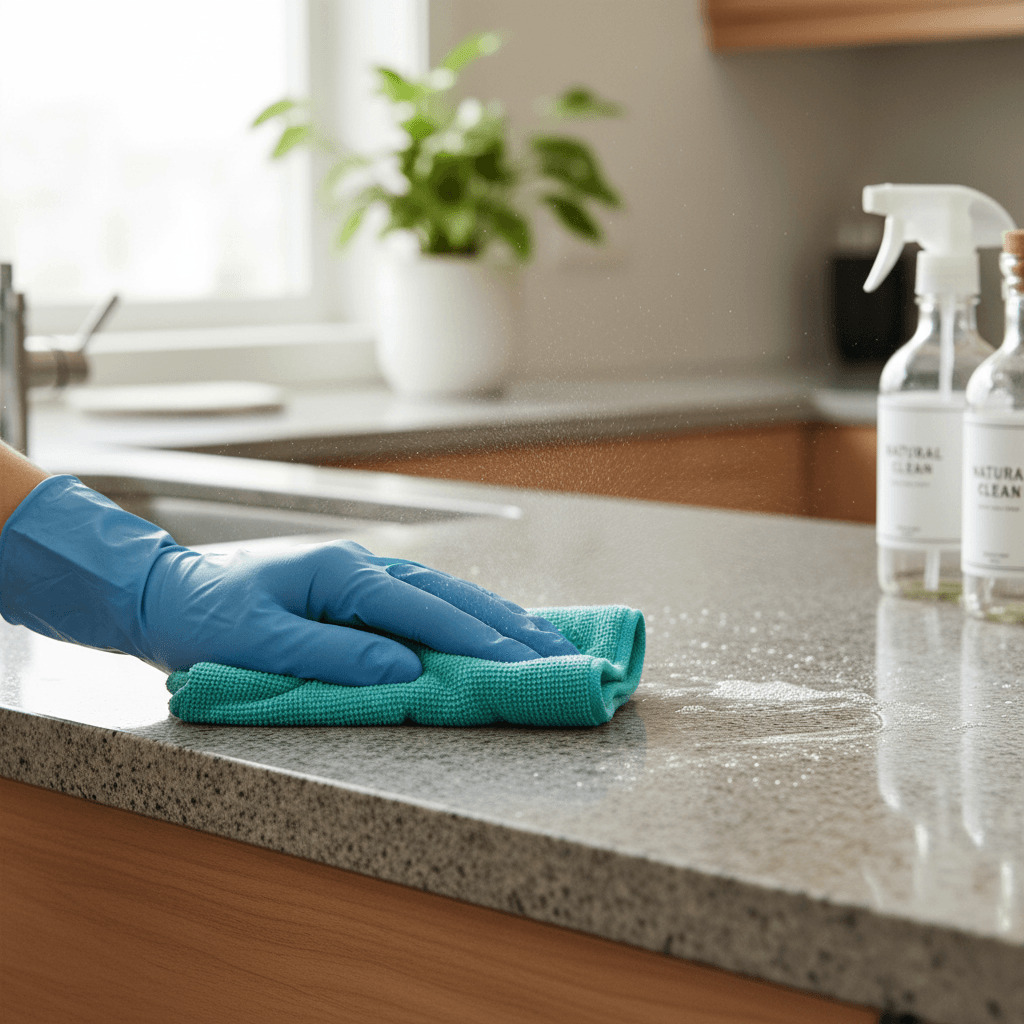 Regular maintenance cleaning service showing a clean kitchen counter
