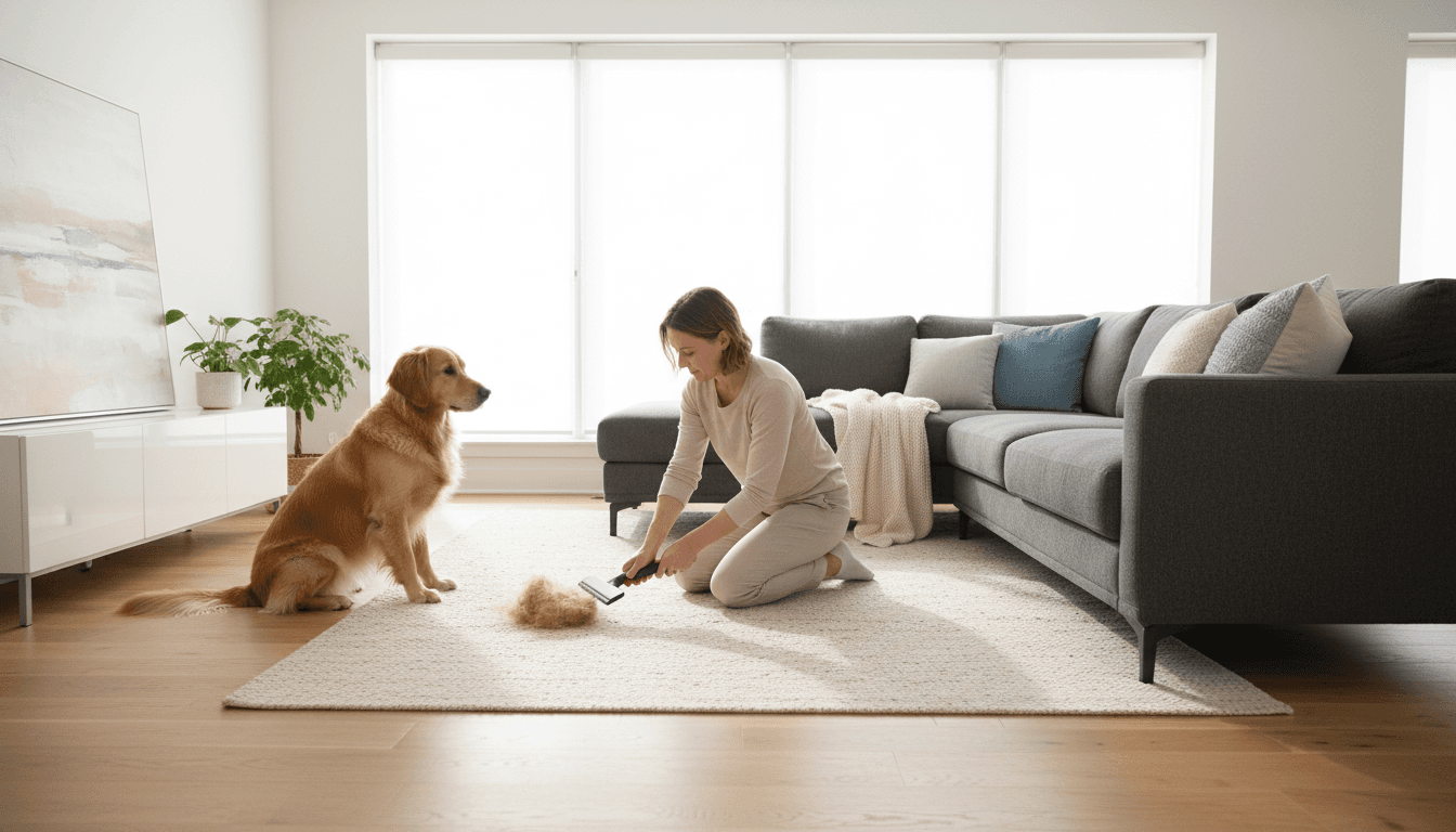 Pet-friendly cleaning service in a home with a dog present