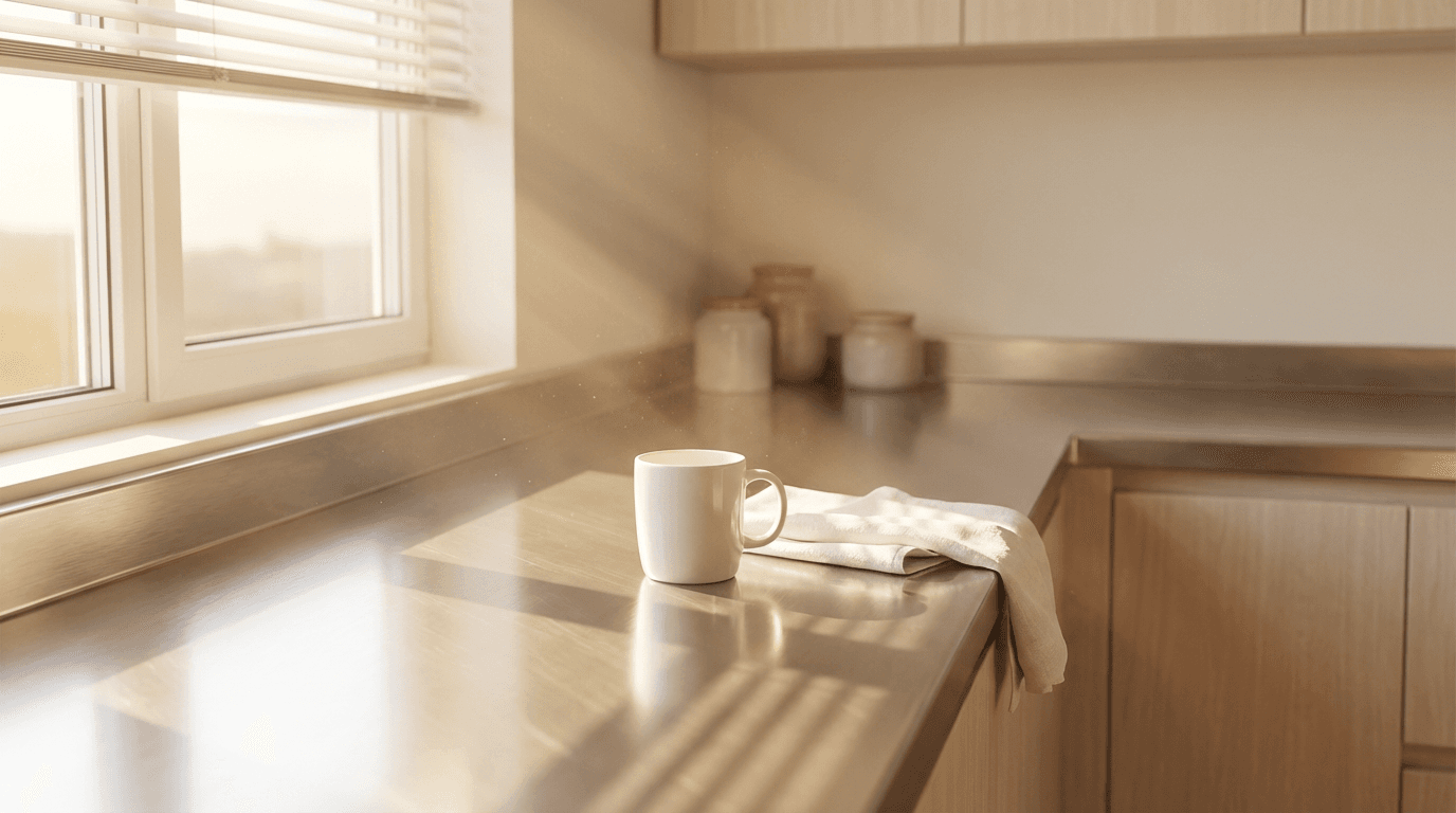 TOKLEAN professional cleaner meticulously detailing a kitchen counter