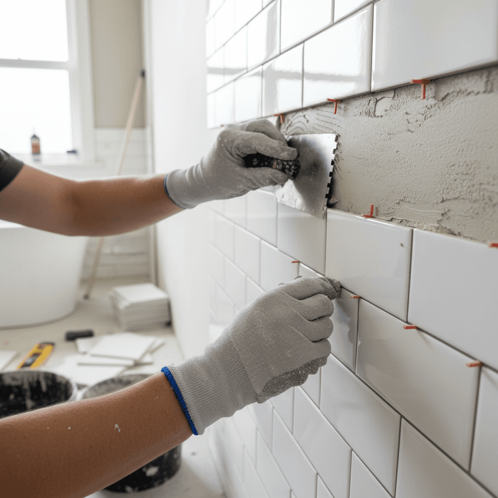 Bathroom deep cleaning showing detailed grout and tile scrubbing