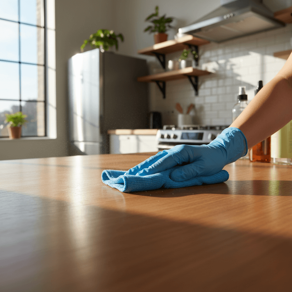 Professional cleaner wiping down kitchen countertop