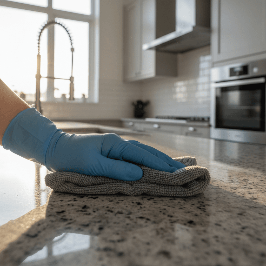 Hand polishing a clean granite countertop with microfiber cloth