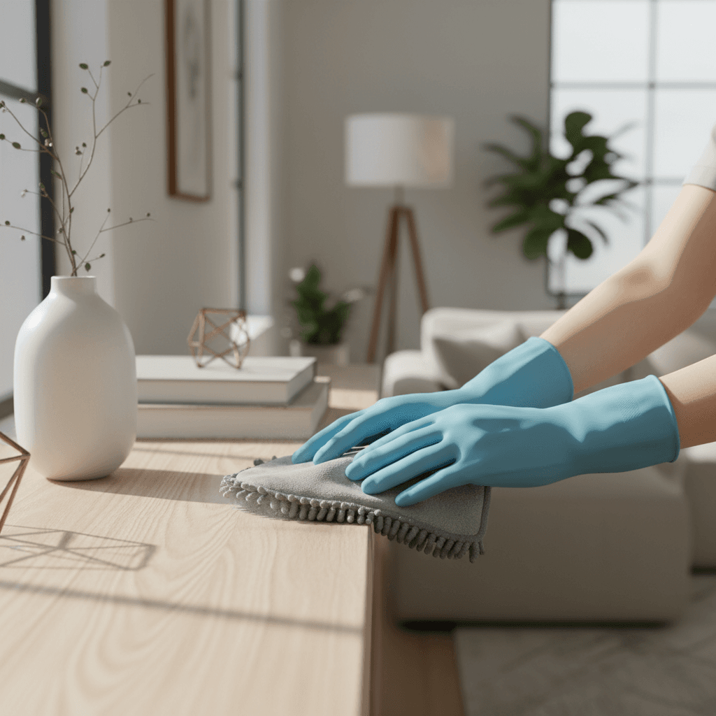 Deep cleaning service showing detailed dusting and shelving work